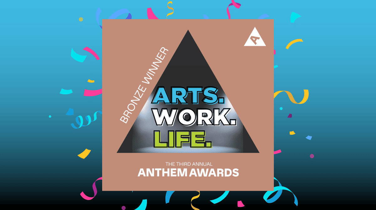 brown and blue graphic with multi-color confetti that shows the podcast logo and Anthem Awards logo