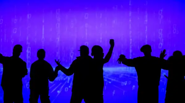 Works & Process at the Guggenheim at APAPNYC 2025 (Photo by Adam Kissick/APAP) featuring silhouetted dancing shadows against a blue wall.